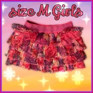 spunky ruffled, pink with multicolored floral pattern,mini SKIRT size M